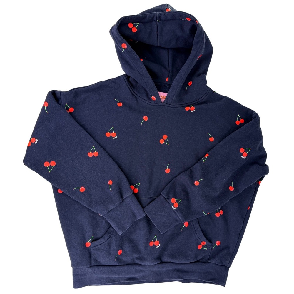 STARFIT Mon Cheri Pullover Hoodie Navy Blue Red Cherry Print Fleece Sweatshirt S